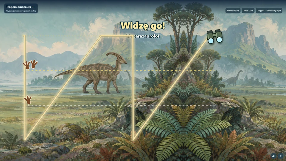 Tropem dinozaura — realistyczny dinozaur w chwili odkrycia, z nazwą gatunku